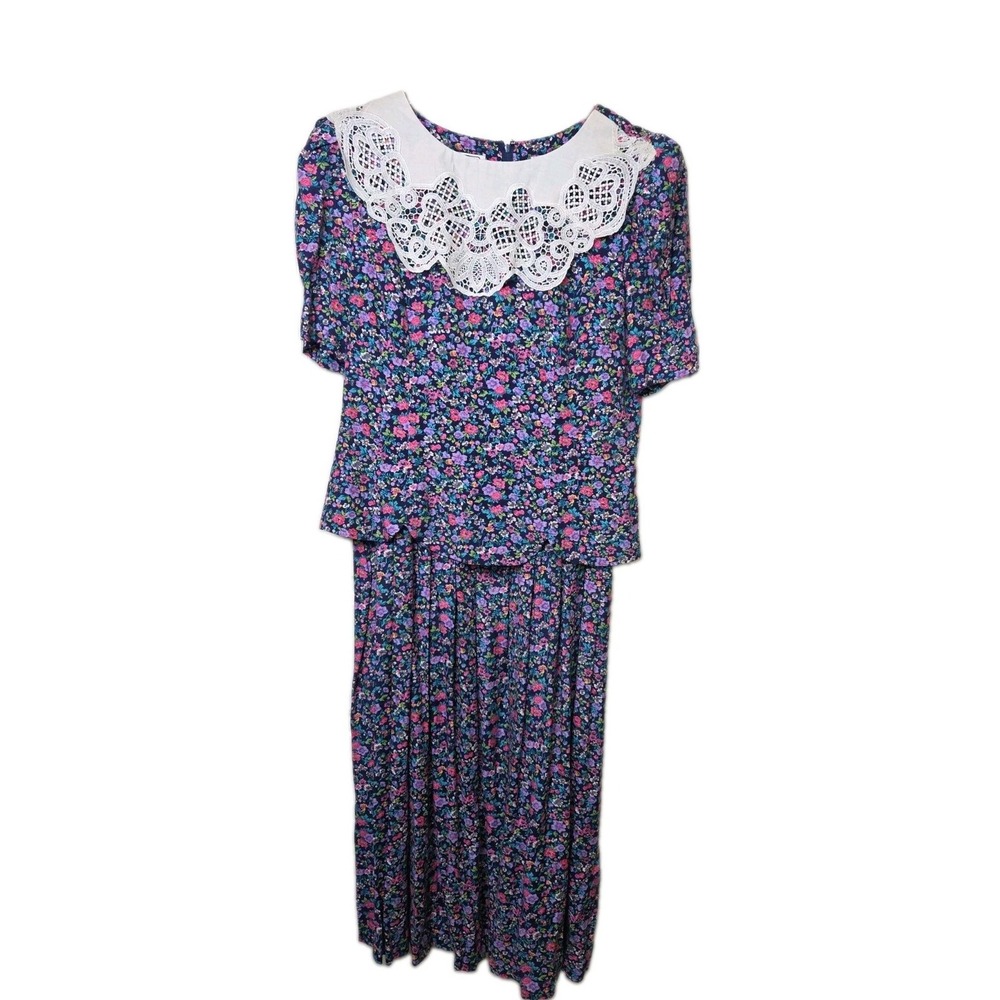 Vtg 90s Floral Dress Secretary Church Peplum Lace Collar Karin Stevens Size 14